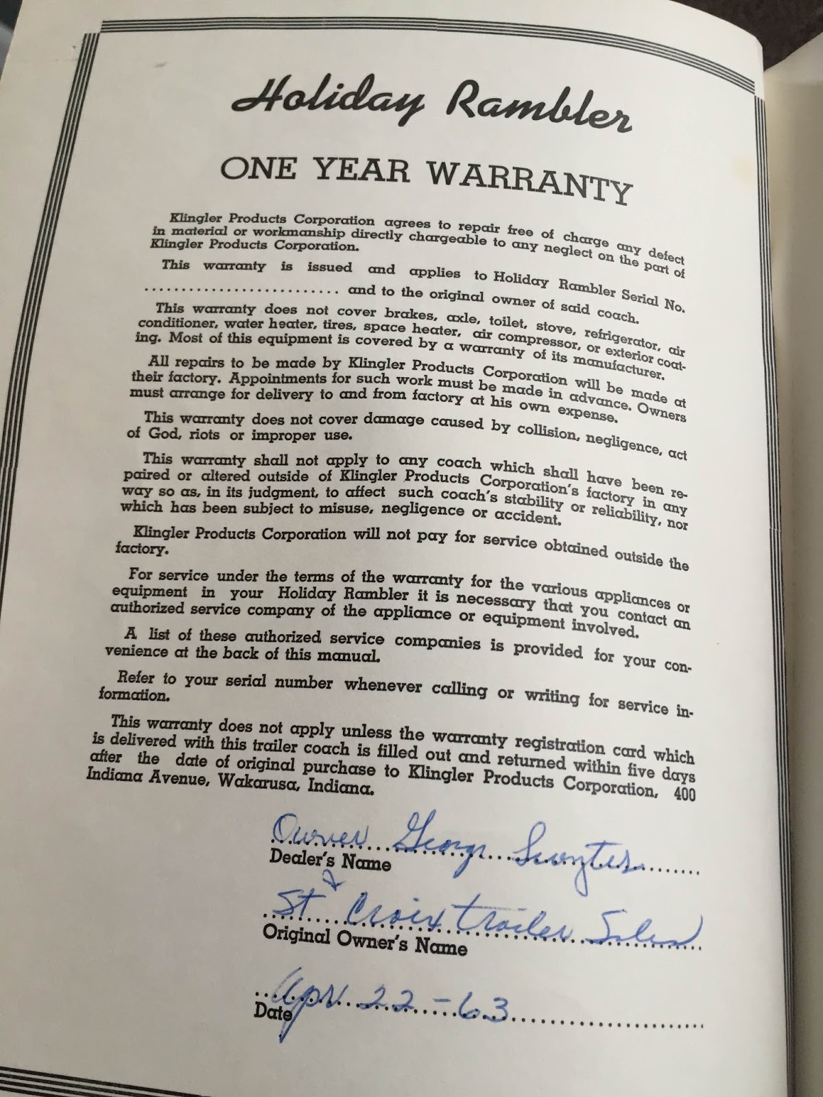 Holiday Rambler Owners Manual