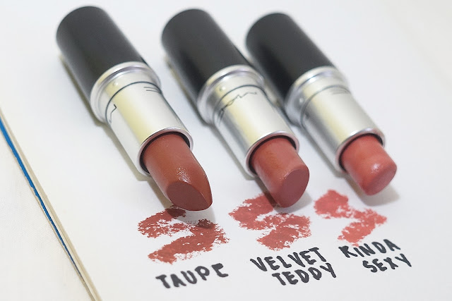 MAC Lipstick Comparison: (L-R) Taupe, Velvet Teddy, Kinda Sexy