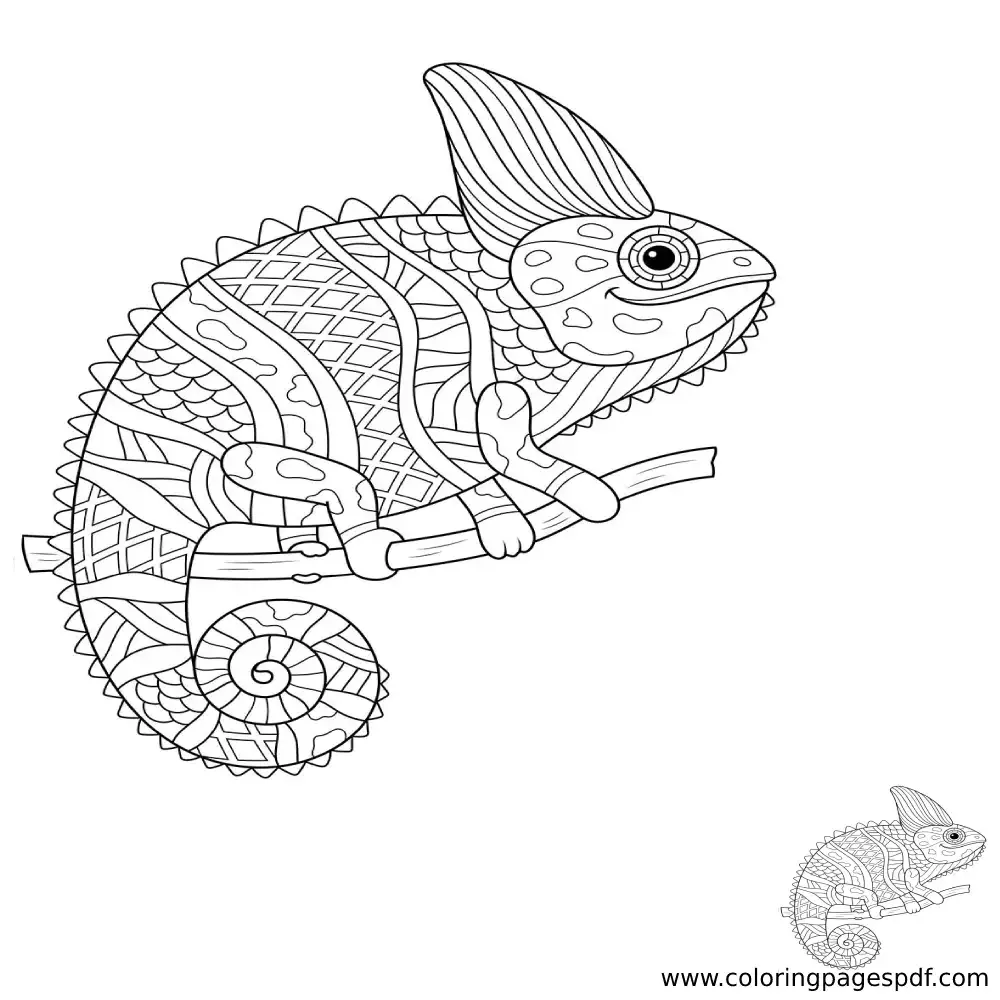 Coloring Page Of A Chameleon In A Branch Mandala