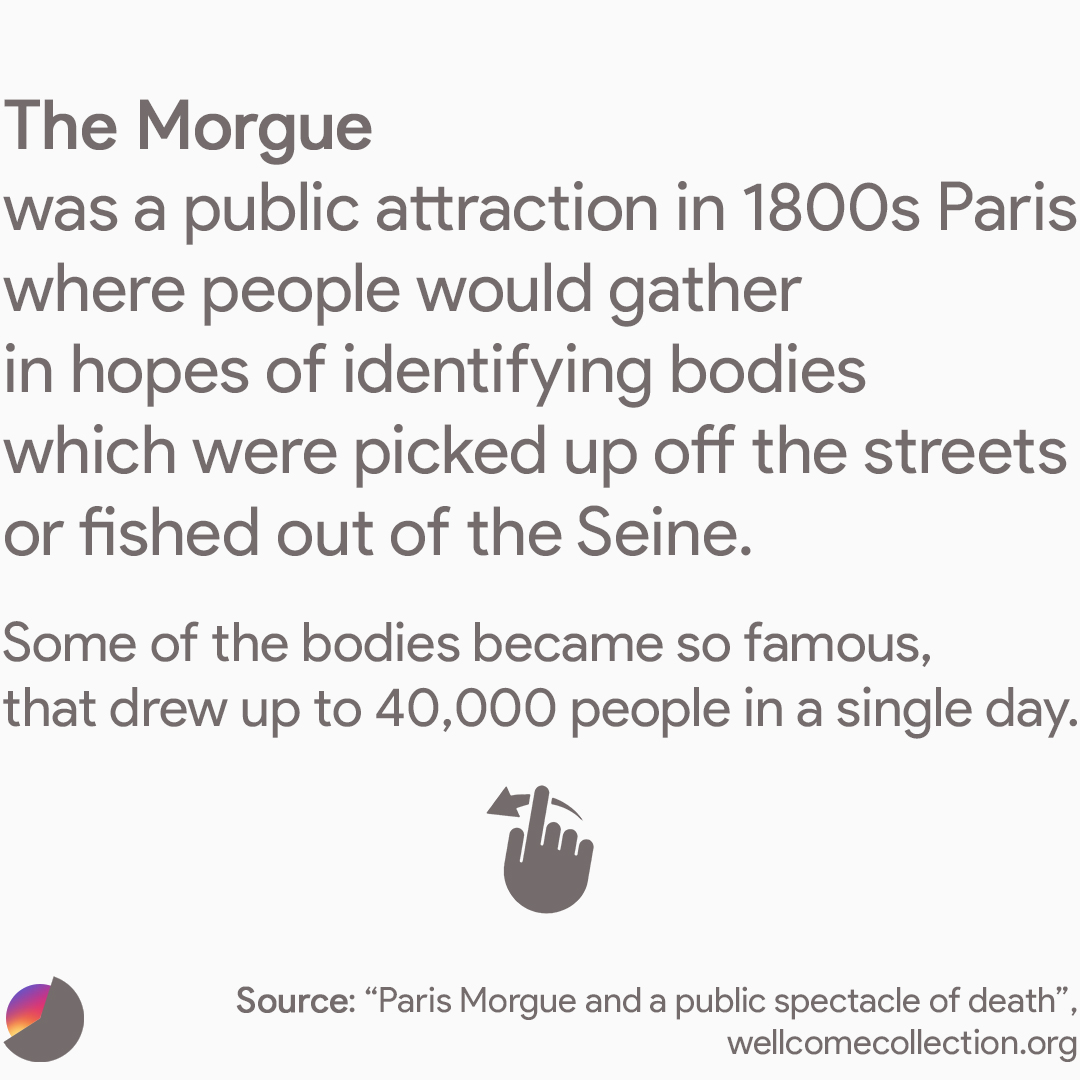 The Morgue was a public attraction in 1800s Paris where people would gather in hopes of identifying bodies that were picked up off the streets or fished out of the Seine. Some of the bodies became so famous, that they drew up to 40,000 people in a single day.