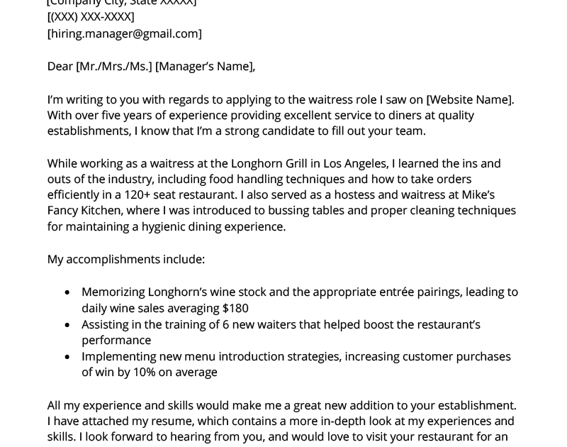 cover letter for waitress with experience