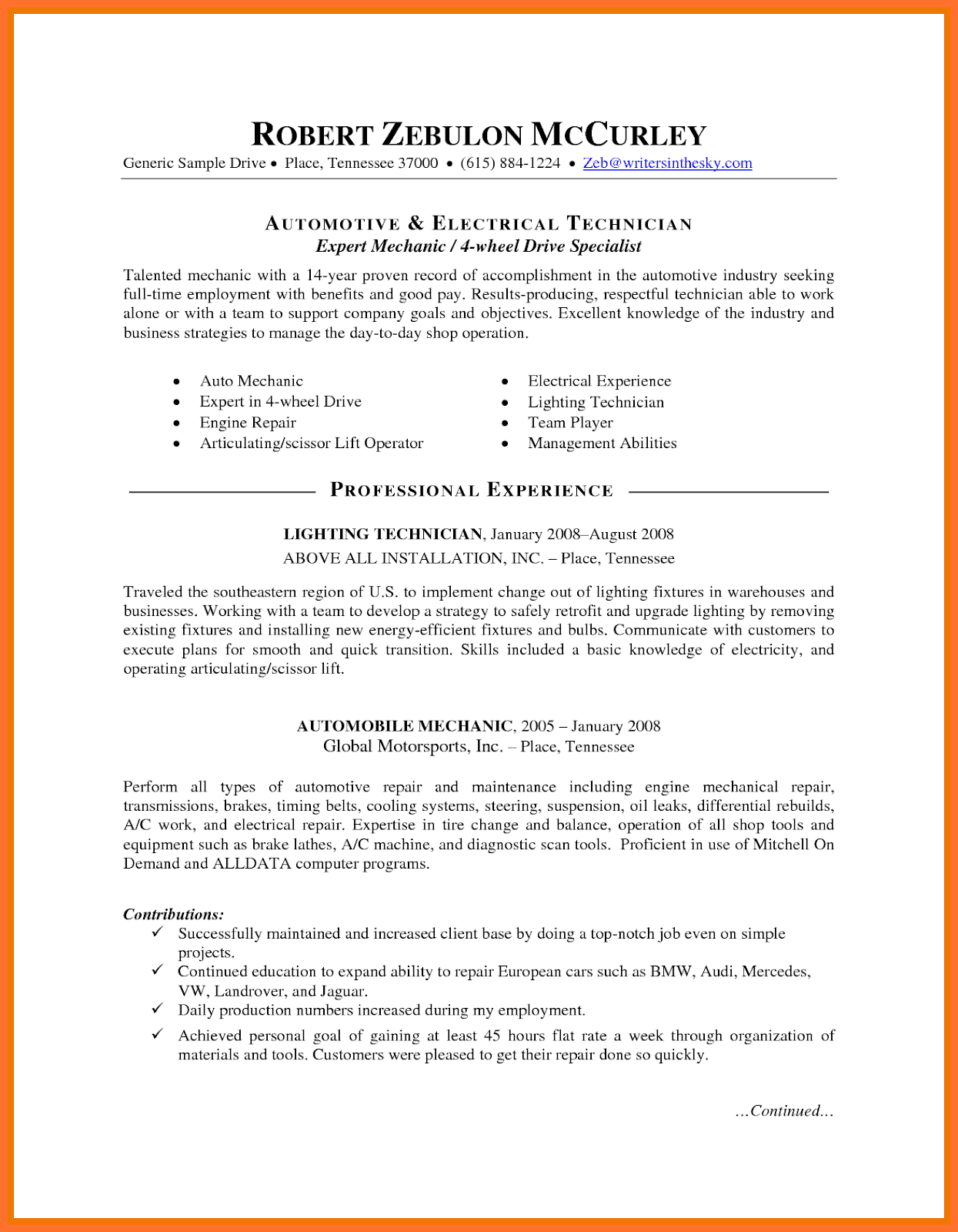 Mechanic Resume Sample Professional Resume Examples