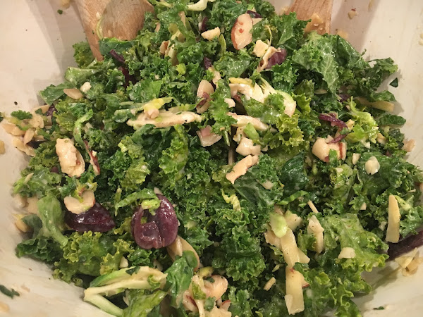 A clean out the fridge masterpiece (Kale, brussels and cilantro salad with gouda and buttermilk garlic dressing)