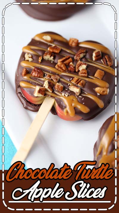 Chocolate Turtle Apple Slices are thick slices of Fuji apples covered in melted chocolate, drizzled with caramel and topped with nuts. Happy Fall y'all! I can't believe it's already here. I'm so excited for cooler