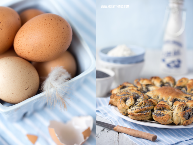 Foto braune Eier gesprenkelt vor blauem Hintergrund Hefeblume mit Mohn Thermomix Rezept