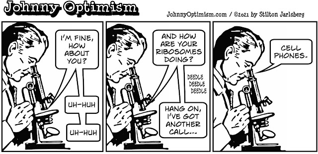 johnny optimism, medical, humor, sick, jokes, boy, wheelchair, doctors, hospital, stilton jarlsberg, microscope, slide, cells, cell phone