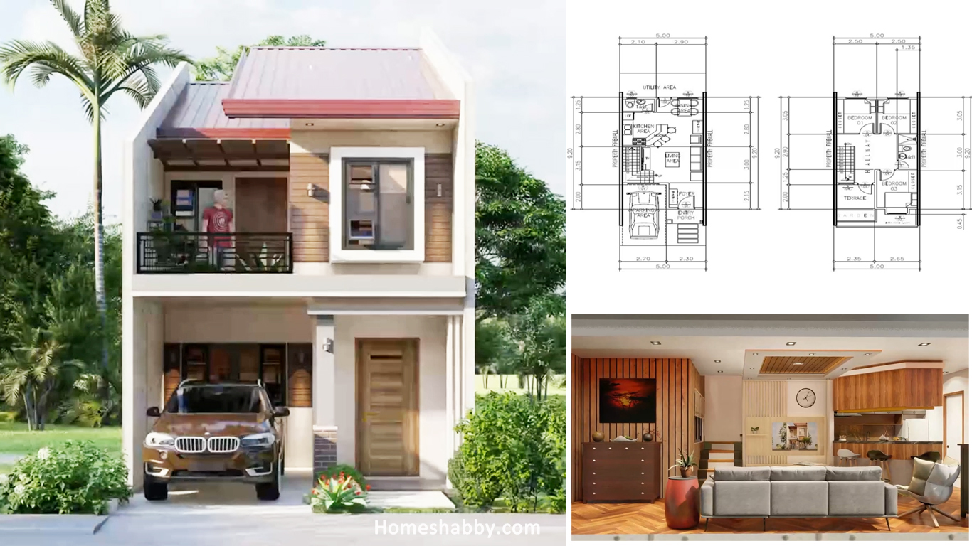 Desain dan Denah Rumah 2 Lantai Mungil Tapi Tampil Modern Ukuran 5 x 9.2 M