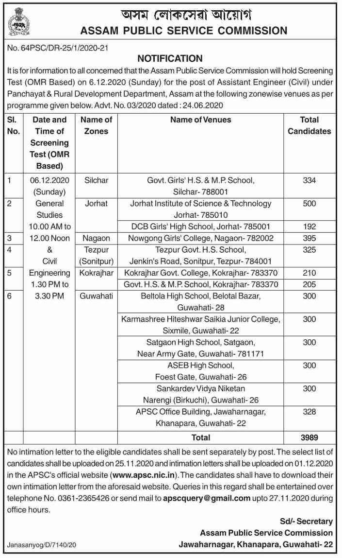 PNRD Assam Admit Card 2020 Details