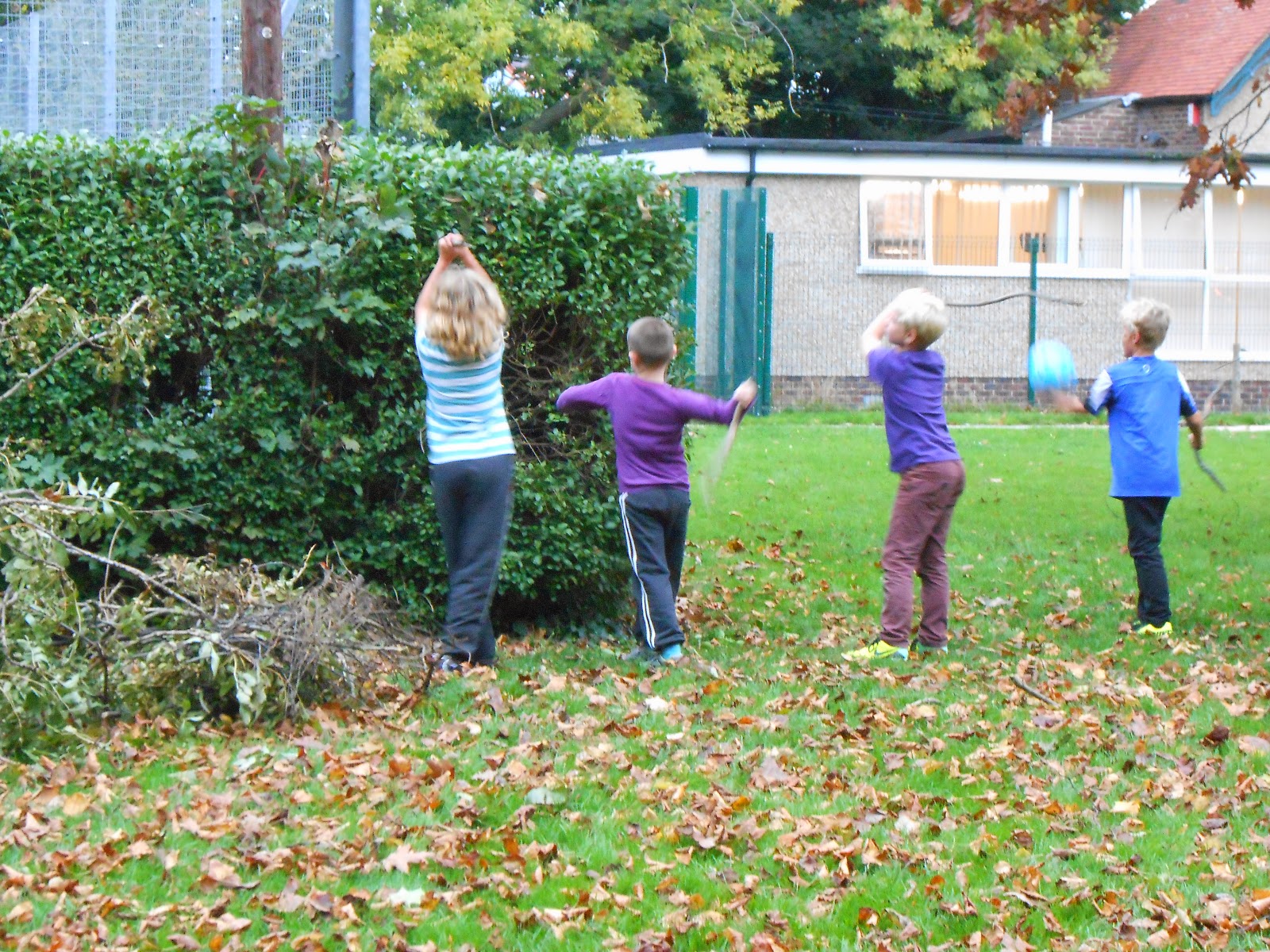 making a camp den in the park with fallen branches