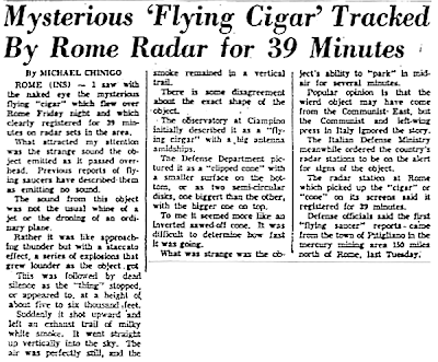 Mysterious 'Flying Cigar Tracked By Rome Radar for 39 Minutes - Sunday Journal & Star (Lincoln, Nebraska)  9-19-1954