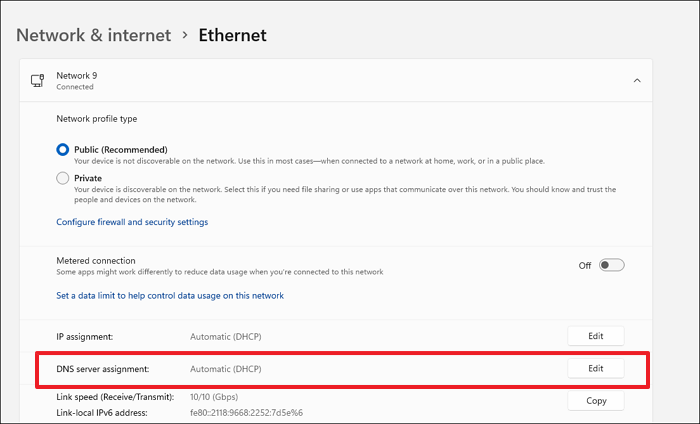 Assegnazione del server DNS Ethernet