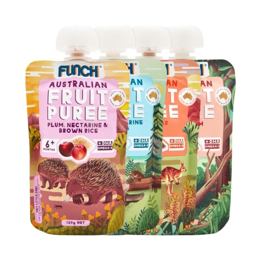 Trái Cây Nghiền Ăn Dặm 100% Nguyên Chất Funch Úc vị Mận, Xuân Đào, Gạo Lứt 120g