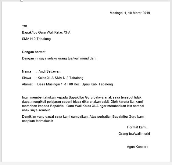 Contoh Surat Izin Sekolah Yang Benar 10 Contoh Surat Izin Tidak Masuk Sekolah Yang Benar Paling