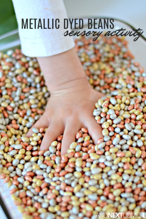 How to dye beans for sensory play in metallic colors