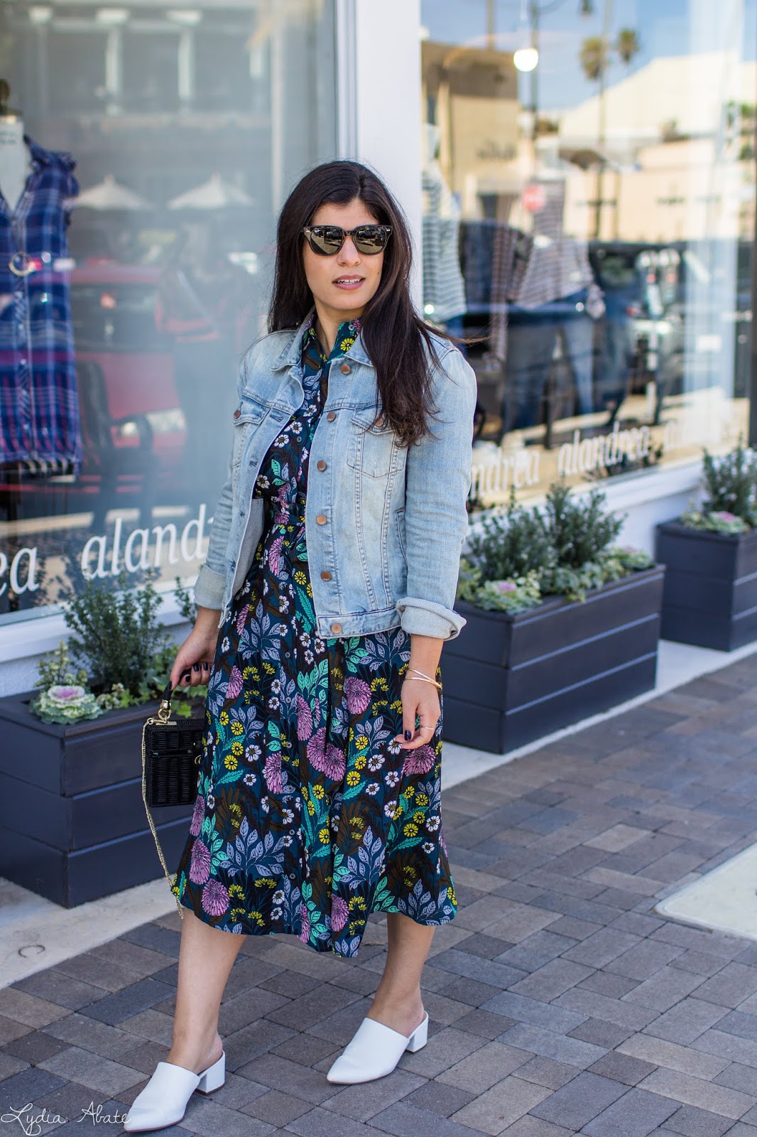 white floral dress with denim jacket