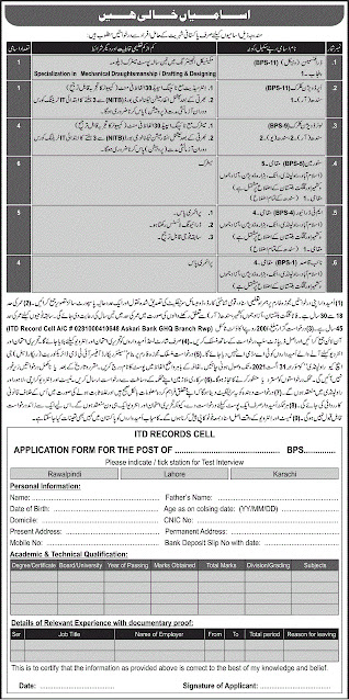 Pakistan Army ITD Records Cell Jobs 2021