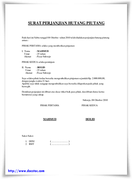Contoh Surat Perjanjian Hutang Piutang Dengan Jaminan Isplbwiki Net