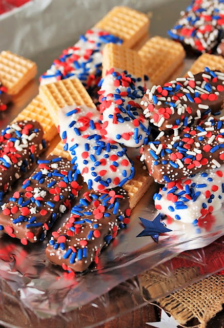 Platter of Red White & Blue Chocolate-Dipped Sugar Wafers Image