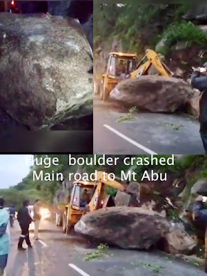 "An enormous boulder crashed onto the main road of Mt.Abu A collage of the event."