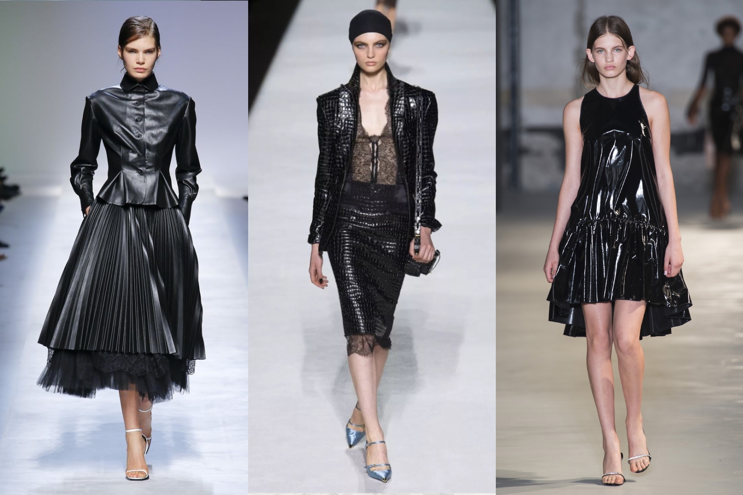 three total black outfit ideas from runway show