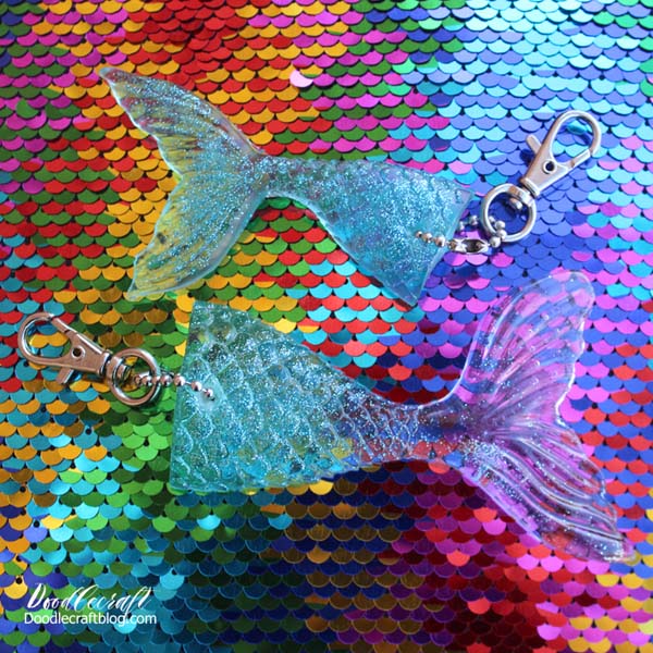 Glittery mermaid tale keychains made with easy cast resin and silicone mold.