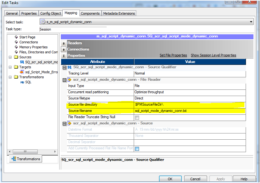 Note: For Sql Transformation connection details passing.