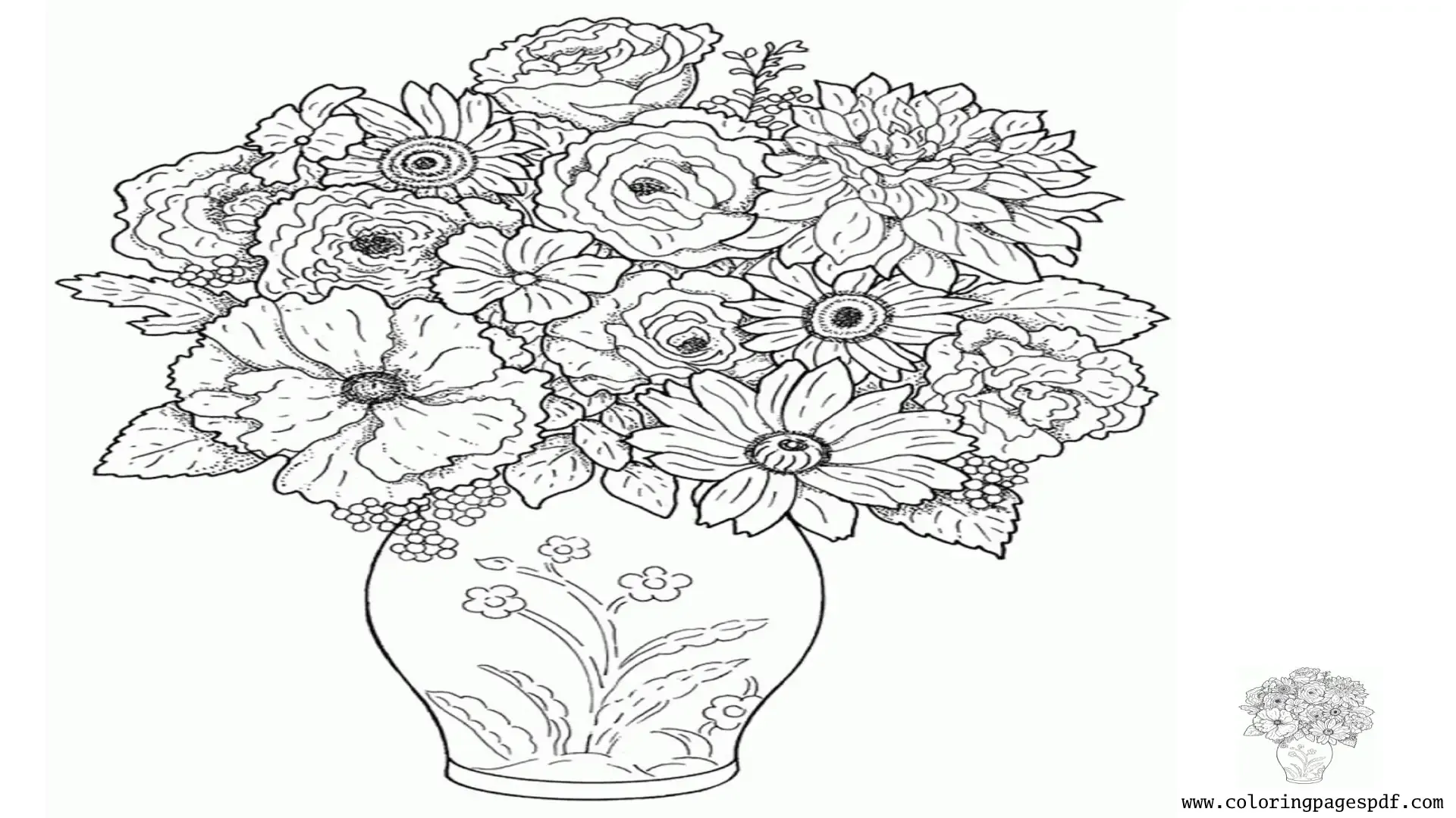 Coloring Page Of Different Flowers In A Vase