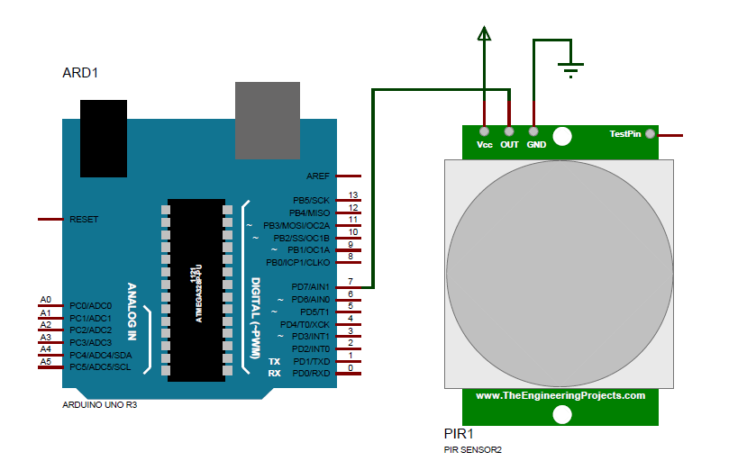 Koneksi Arduino UNO dengan modul sensor PIR