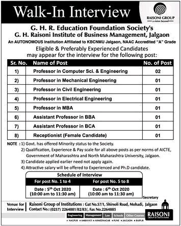 Raisoni Group Jobs For Mechanical Electrical Civil Computer Science Engineering BBA BCA Check Now Last Date 6th October 2020