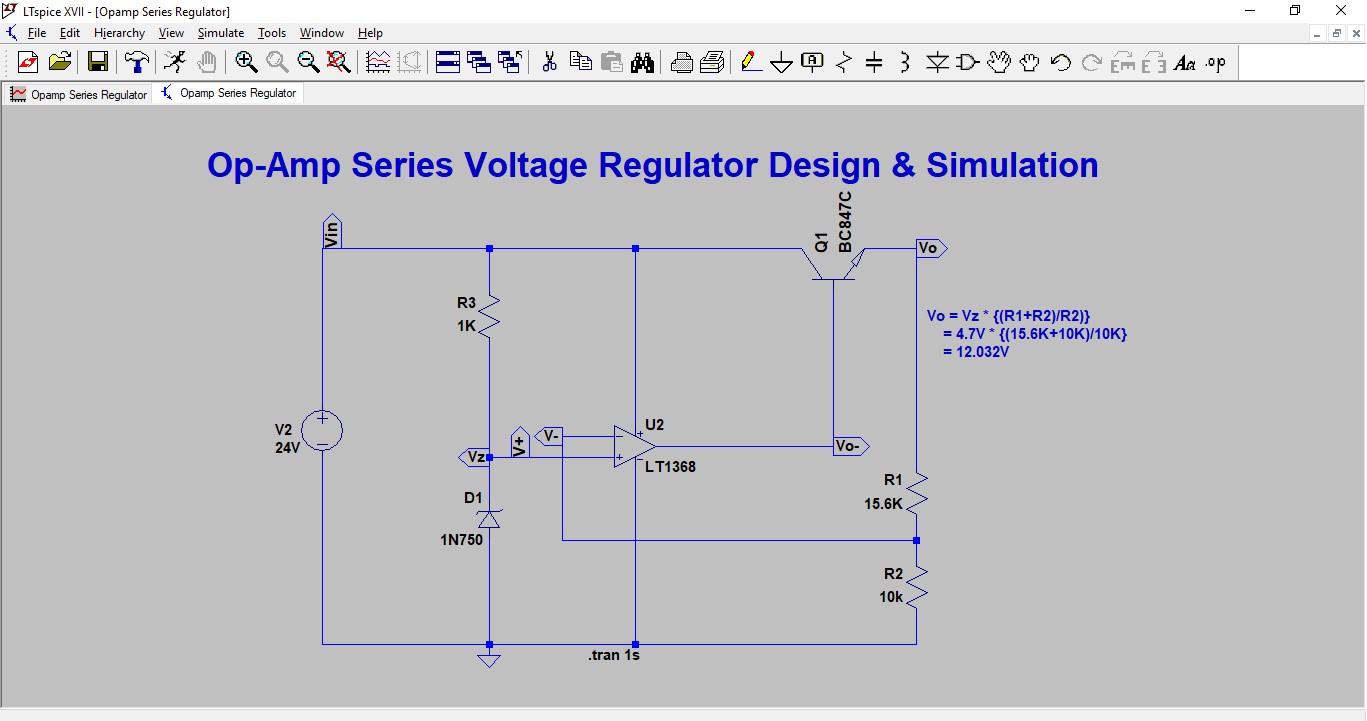 LT Spice Simulation 12V Power Supply Design Using Operational Amplifier