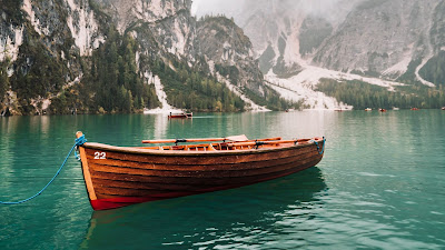 Wallpaper Green Lake, Boat, Mountain, Fog Wallpaper Green Lake, Boat, Mountain, Fog