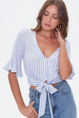 Model wearing Pinstriped Self-Tie Top on a white background.