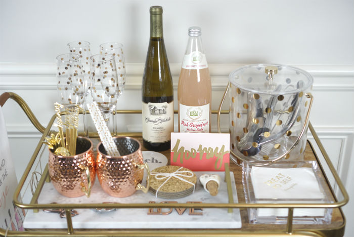 strawberry chic how to style a bar cart, bar cart uses, styling a bar cart, functionality of a bar cart