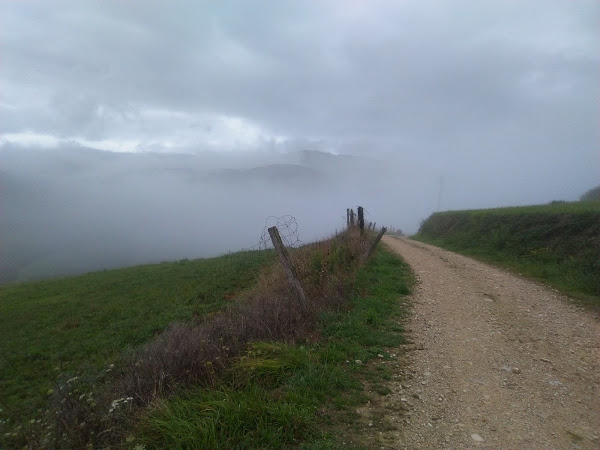 Pista de tierra hacia La Mortera con niebla