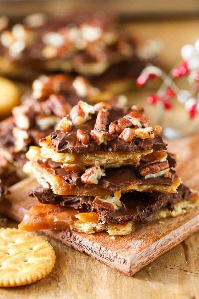 Pecan Christmas Crack (Ritz Cracker Toffee) - Pecan Christmas Crack. Imagine all of the deliciousness of toffee, topped with chocolate and pecans; once you make this toffee bark and crack it into pieces, you simply can’t stop munching!