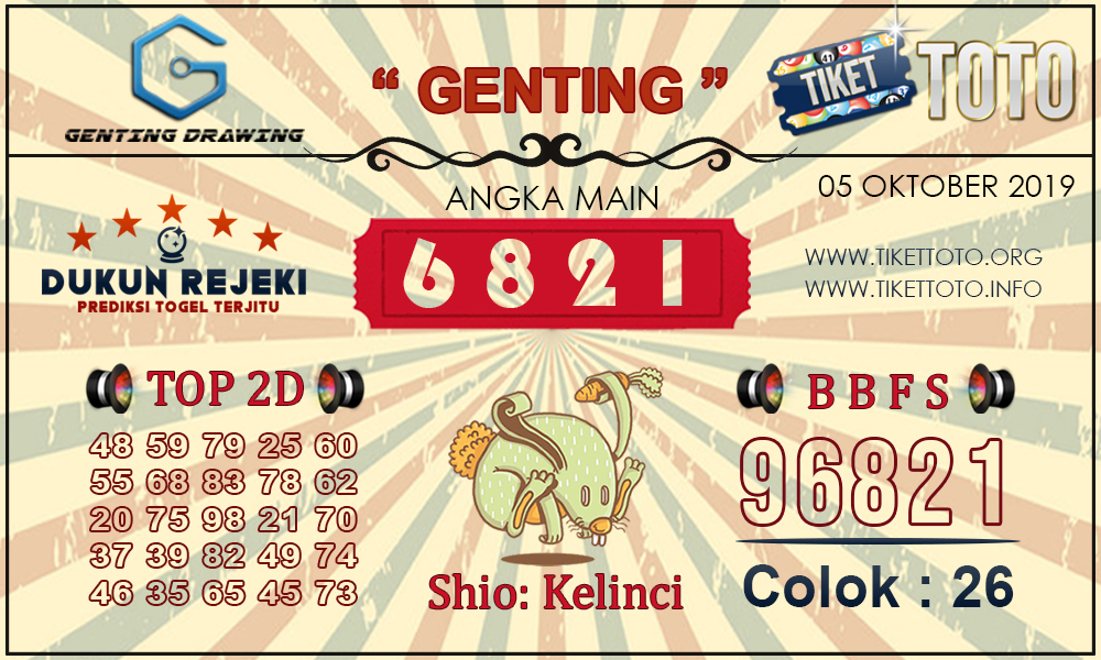 Prediksi Togel GENTING DRAWING TIKETTOTO 05 OKTOBER 2019