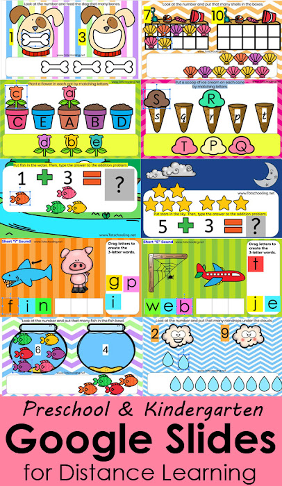 FREE interactive Google Slides activities perfect for teachers to give to students while doing distance/remote learning. Great for preschool and kindergarten kids to practice numbers, letters, sounds, easy addition and CVC words. Easy click and drag activities for computer or ipad.