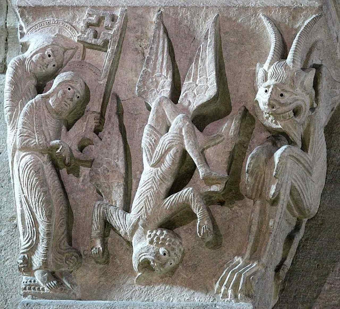 São Pedro precipita Simão o Mago por terra, capitel da igreja de Saint-Lazare, Autun, séc XII.