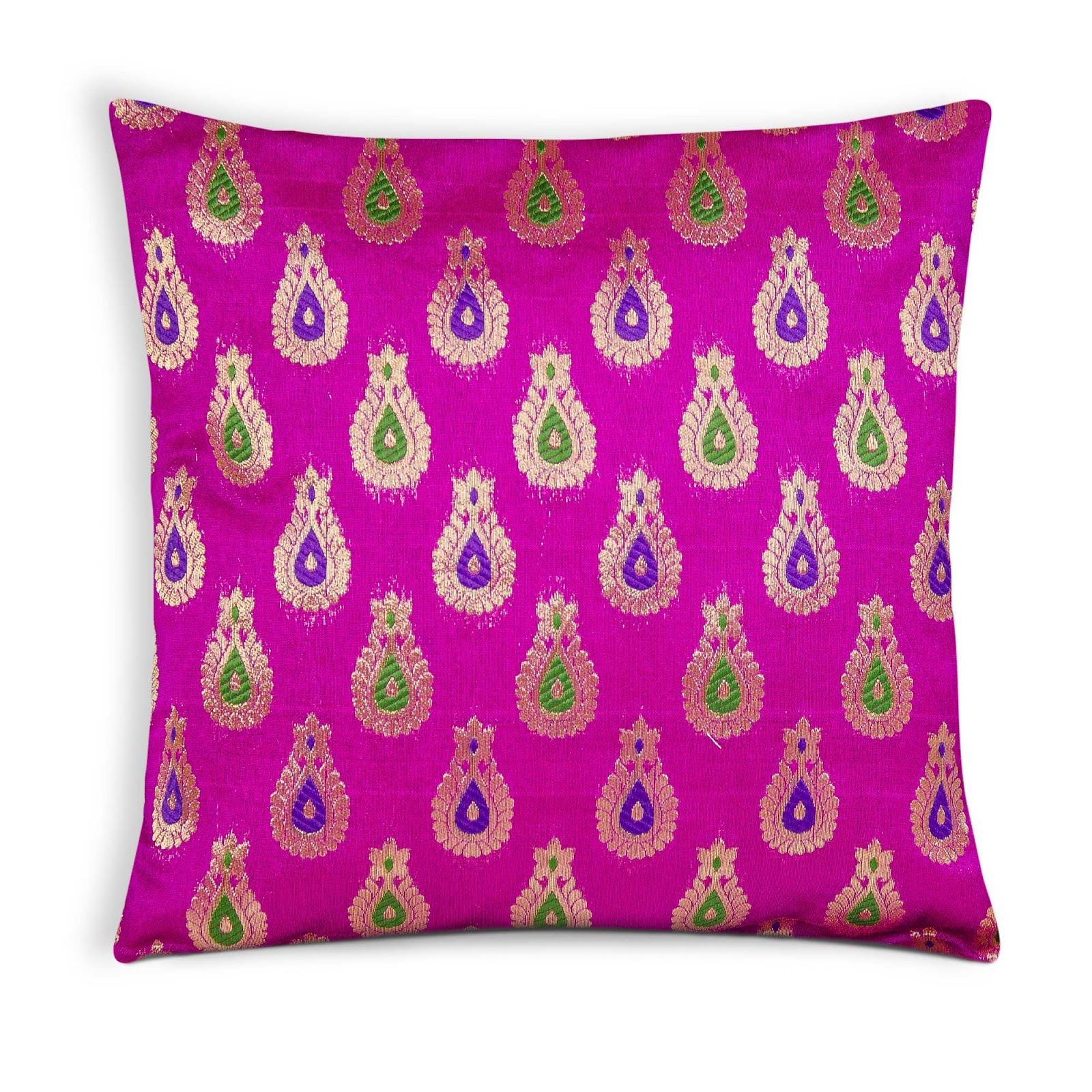 Silk Pillows and Shams Magenta Green and Gold Silk Cushion Cover By