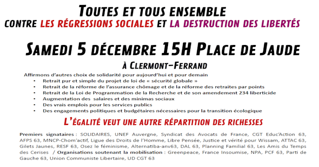 Manifestation unitaire contre la Loi Sécurité Globale, les régressions sociales et la destruction des libertés à Clermont-Ferrand.