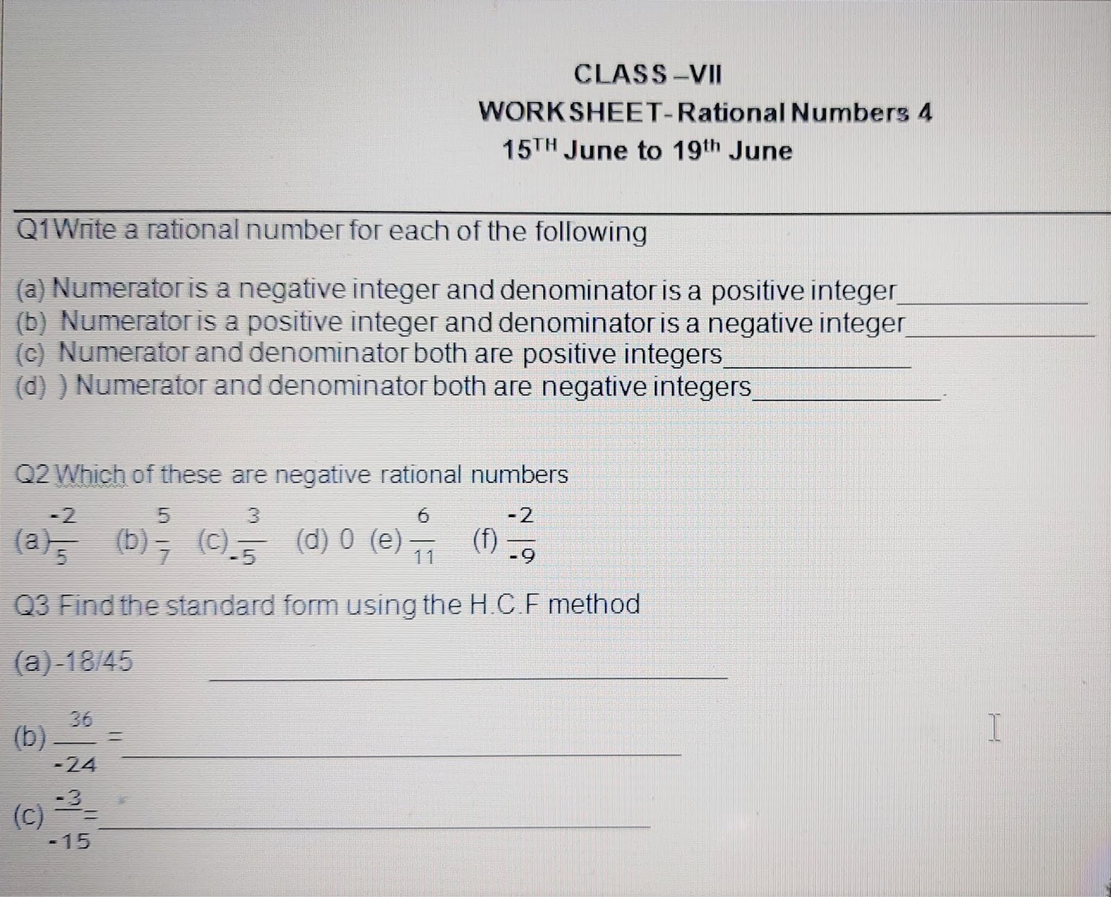 class 7th holiday homework maths