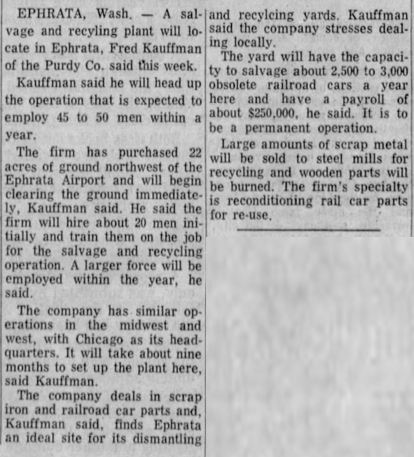 Big Bend Railroad History Ephrata To Have Recycling Plant