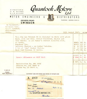 Quantock Motors Ltd, Swindon invoice August 1965