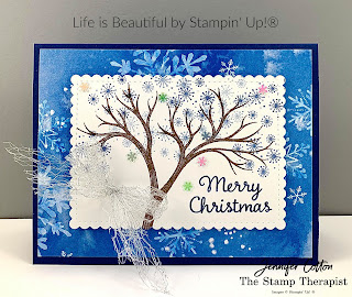 Christmas card using Stampin' Up!®'s Life is Beautiful stamp set plus Celebration Tidings.  The designer paper is Snowflake Splendor.  The dies are Stitched So Sweetly. The ribbon is the Metallic Mesh Ribbon.  We also used the Snowflake Sequins.  #StampinUp #StampTherapist