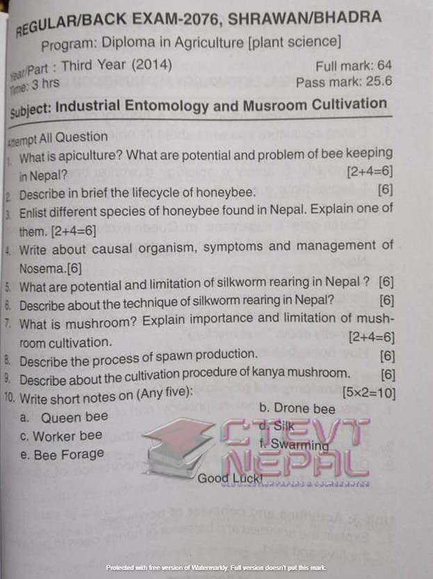 Industrial Entomology Mushroom and Cultivation 3rd Year Question