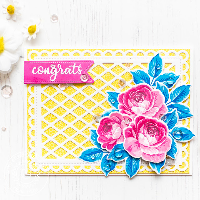 Sunny Studio Stamps: Frilly Frames Everything's Rosy Congrats Card by Mona Toth