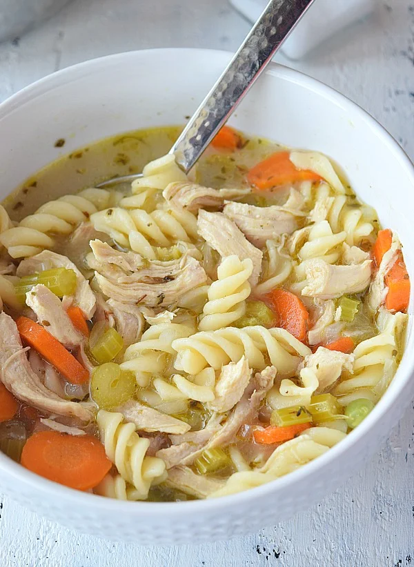 a bowl of simple yet delicious chicken noodle soup