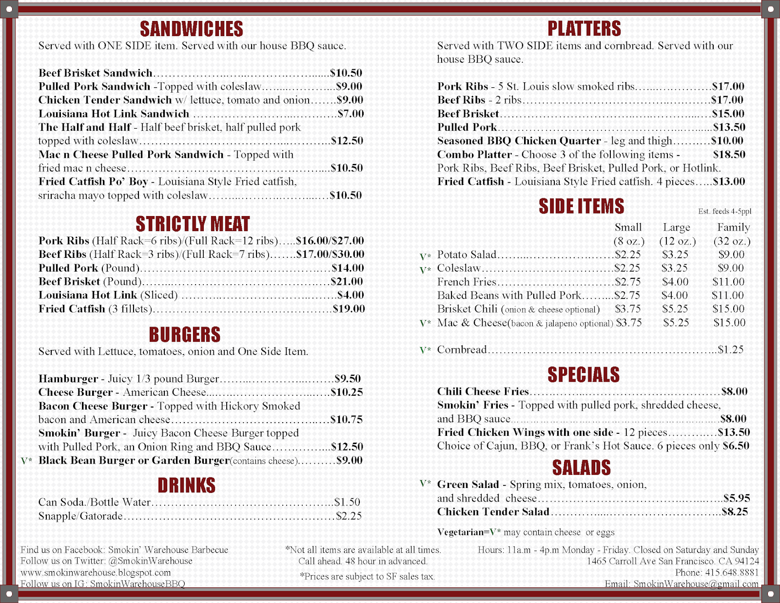 Smokin' Warehouse Barbecue Menu