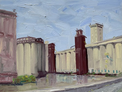 Elevator Alley, Buffalo River painting, kayaks, grain elevators,