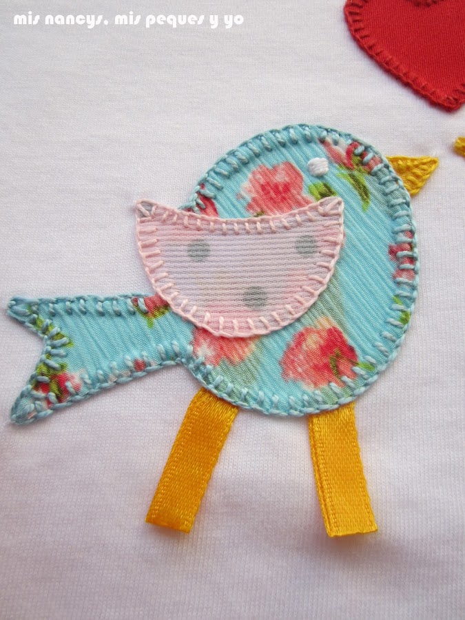 mis nancys, mis peques y yo, tutorial aplique en camiseta, birds in love, punto festón pico